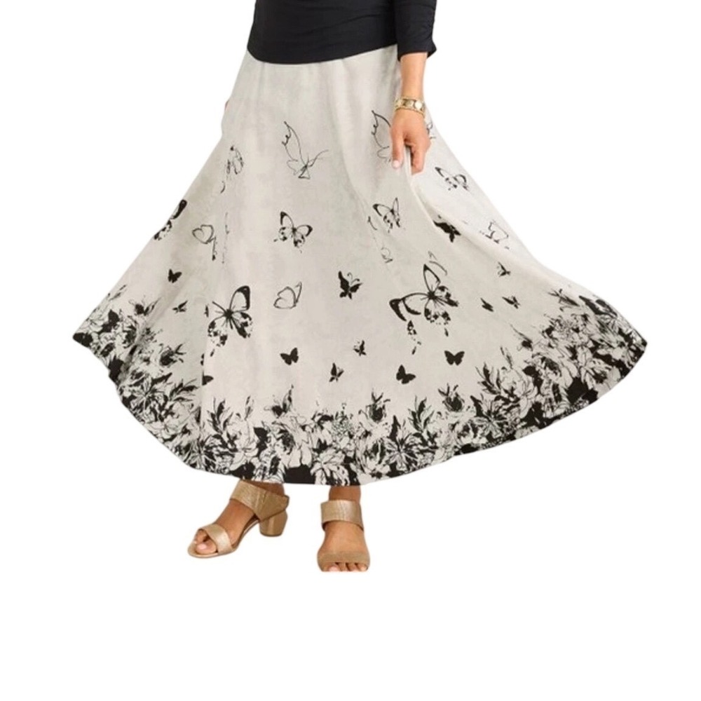 Soft Surroundings Fairy Whimsical Butterfly Maxi Skirt Cream Beige Black Boho ML